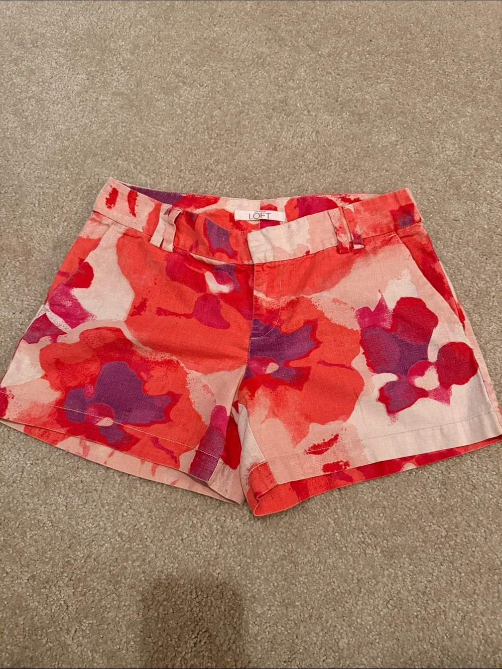 Ann Taylor LOFT Coral, coral & Purple Floral Cotton-linen Women's Shorts